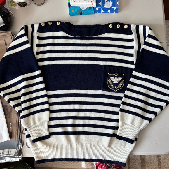 Vintage Counterparts Navy and White Striped Nautical Sweater w/ Crest Small Wool - Picture 7 of 9